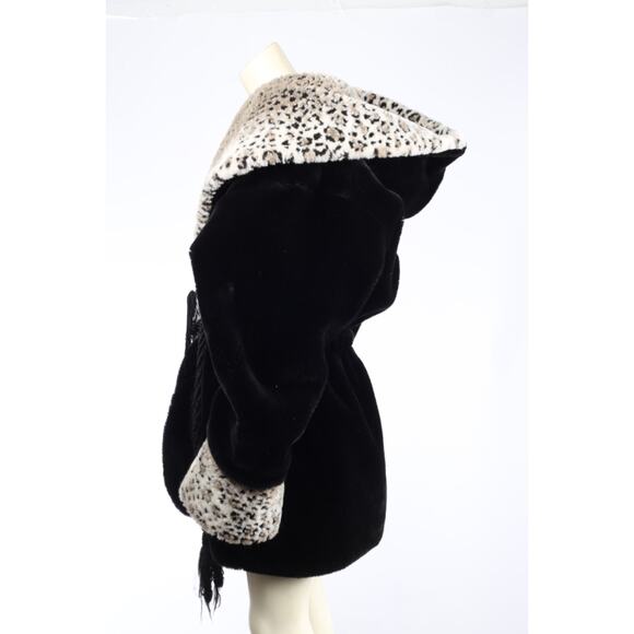 Vintage Black Faux Fur Shearling Coat Leopard Print Collar Cuffs Plush Size M - Picture 10 of 14